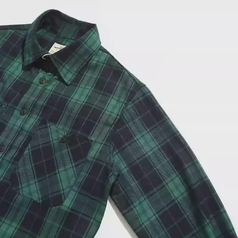 Verdicktes Khaki-Karohemd für Herren – Retro-amerikanische Arbeitskleidung, 300 g, langärmlig mit Doppeltaschen