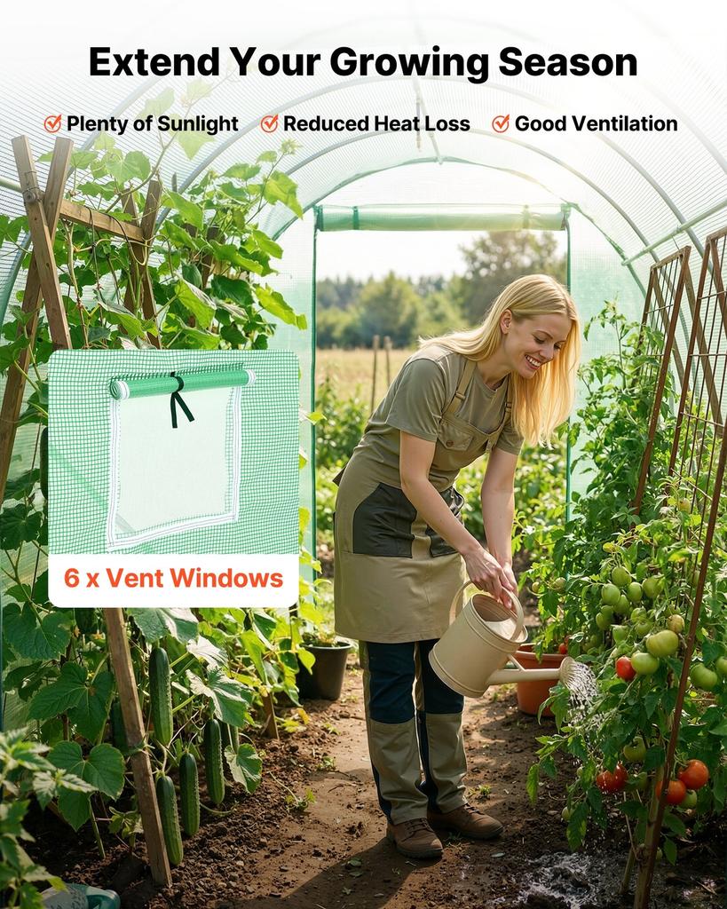 Walk-in Tunnel Greenhouse, 2.93x1.97x1.94 M Hoop House Greenhouse Tunnel with Watering System, Plant Hot House with Steel Frame, PE Cover, Roll-Up