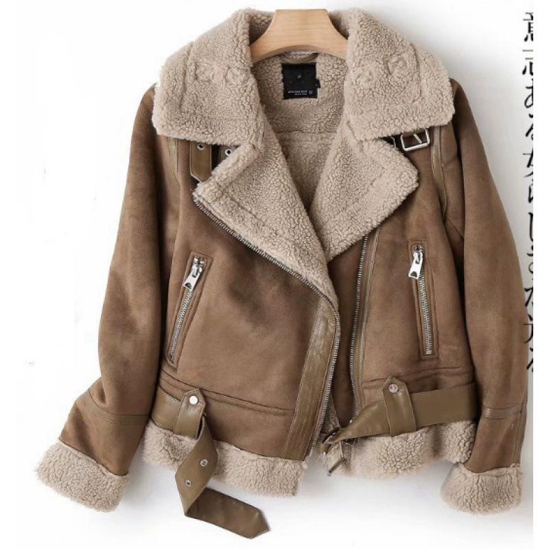 

Women s Fashion Casual Suede Plush Fur-Integrated Motorcycle Jacket M кофейный