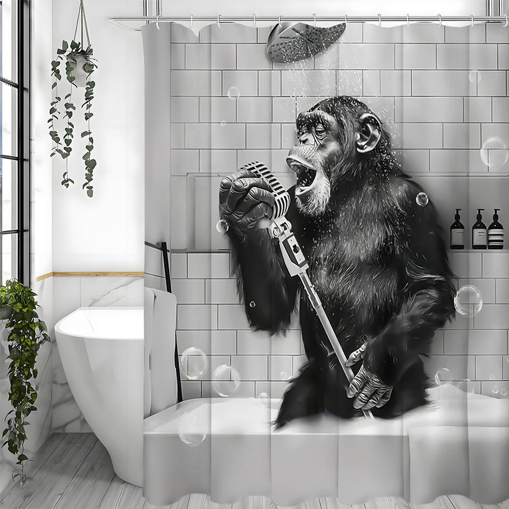 Funny Monkey Black and White Fun Animals in Bathtub Shower Curtain, Bathroom Decorative Shower Curtain, Waterproof Shower Curtai