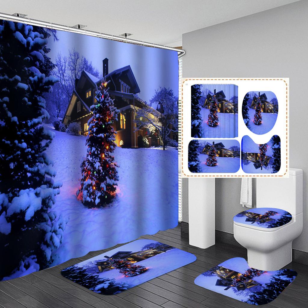 4-teiliges Duschvorhang-Set mit Weihnachts- und Weihnachtsbaum-Serie für Badezimmer, rutschfeste Badezimmerteppiche, Deckel, Toilettendeckel, Badematte