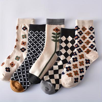 5 Paar Damen-Herbst- und Wintersocken, literarischer und Retro-Stil, Allround-Damen-Socken, Socken mit kleinen Blumen