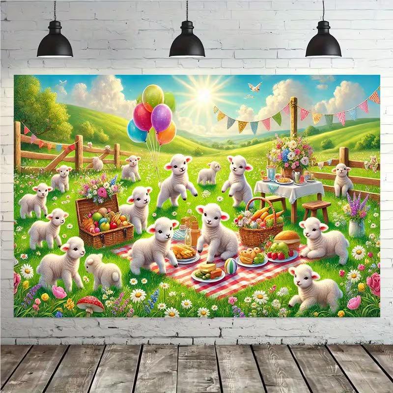 Cute Sheep Picnic Tapestry, Meadow Lamb Cartoon Background Cloth, Kids Room Wall Decor