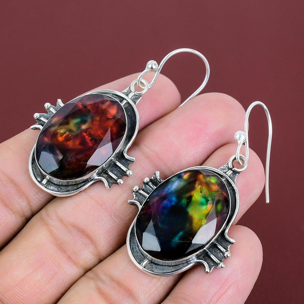 Faceted Ammolite Earring Natural Gemstone Earrings Handmade Dainty Jewelry 925 Sterling Silver Earring Ammolite Unique Jewelry Gifts For Her