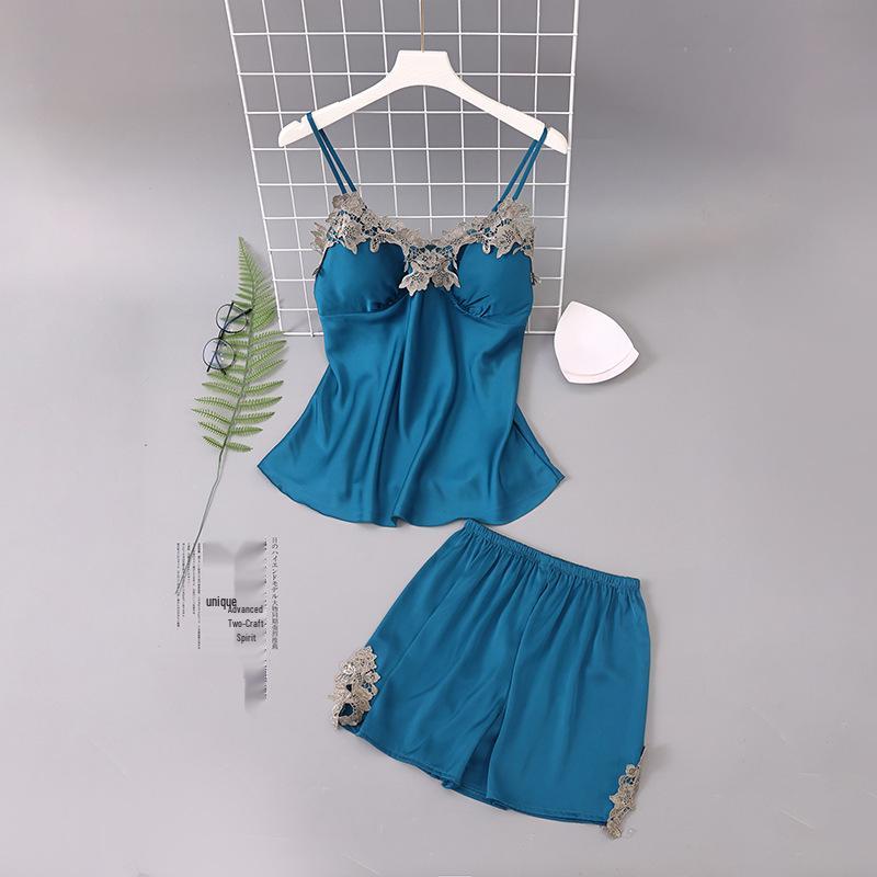Damski zestaw piżamowy z lodowego jedwabiu i szyfonu 2025: Letnia/Wiosenna Koszulka na Ramiączkach z Wkładkami na Piersi, Cienki Fason, Dwuczęściowy Zestaw do Domu.