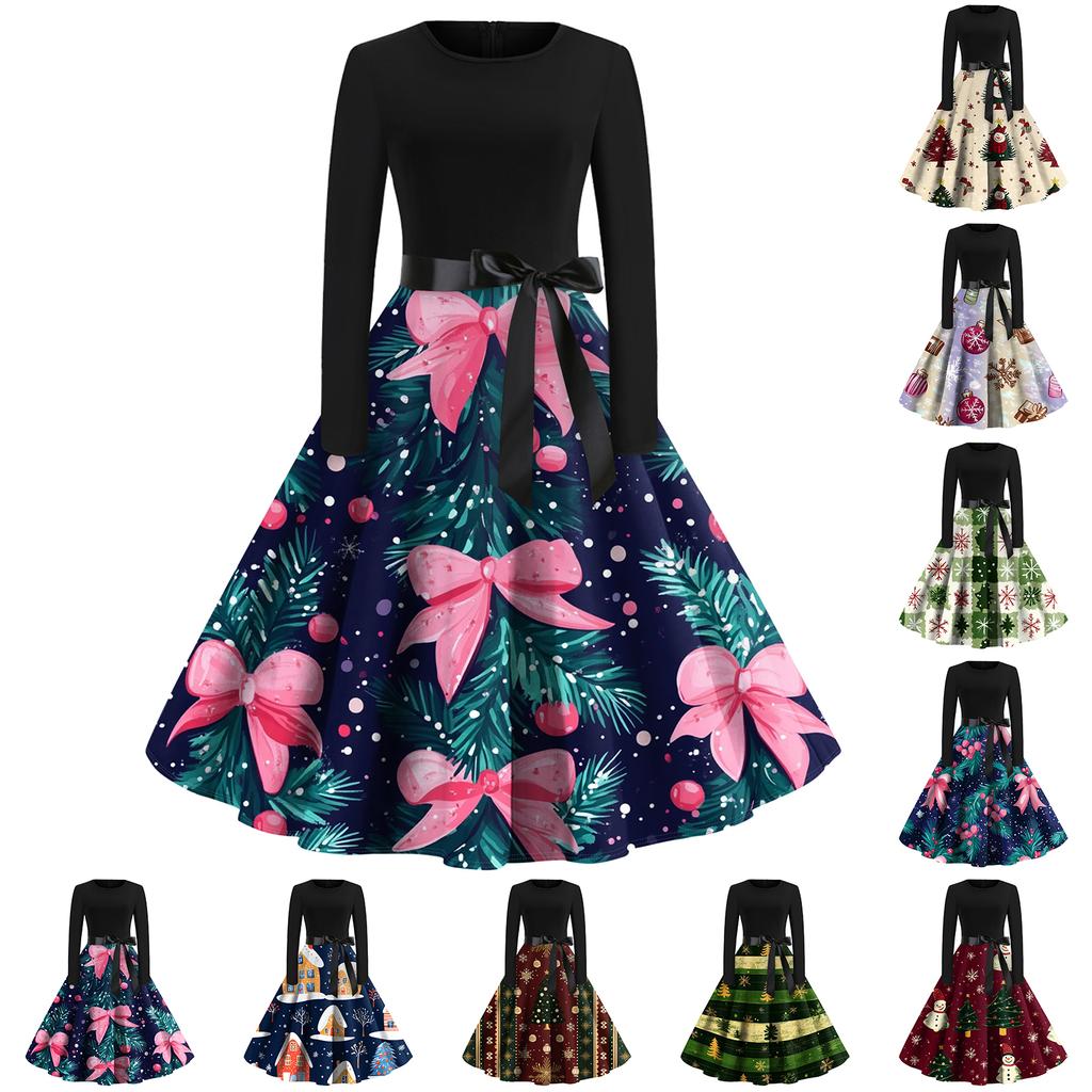 Women's Fashion Round Casual Slim Fit Christmas Print Large Swing Long Sleeve Dress