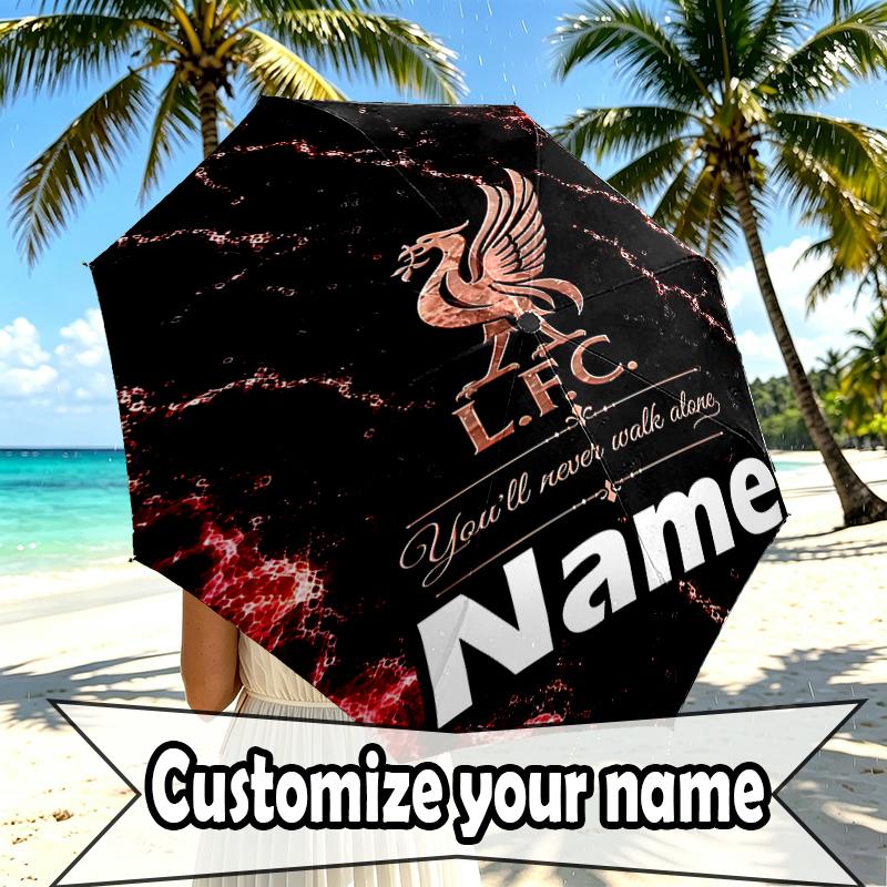 Custom Name Personalized Liverpool F.C Print Umbrella, Auto Open Close, 8‑Rib Sturdy Frame, Commute Camping Hiking Use, Birthday Gift