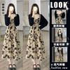 Sommer neues französisches Retro-Blumen-Latzkleid Hepburn-Stil schickes Strickjacke langes Kleid zweiteiliges Set