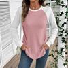 Women Waffle Patchwork Color Block Round Neck Long Sleeve T Shirt Top