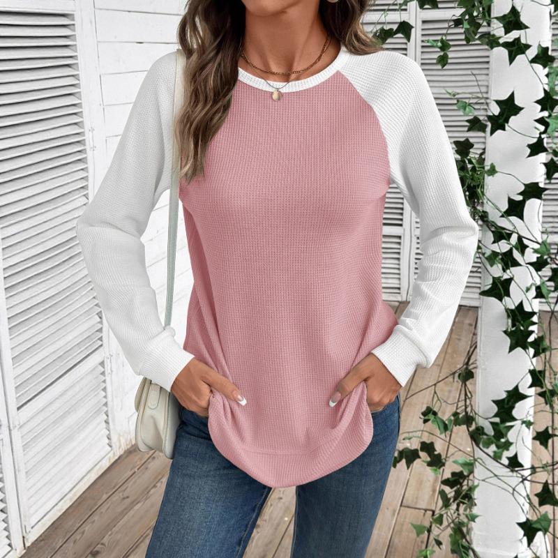Women Waffle Patchwork Color Block Round Neck Long Sleeve T Shirt Top