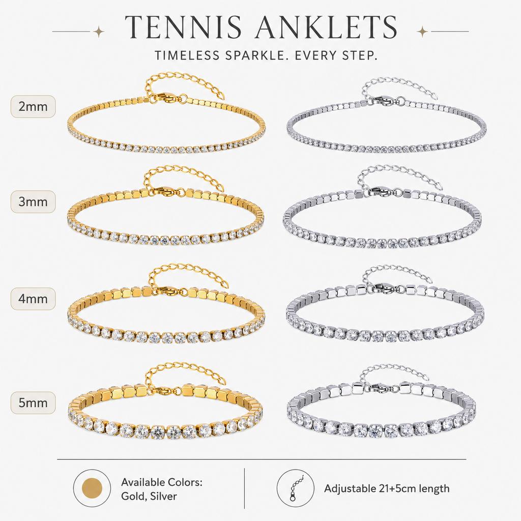 Zirkonia Tennis-Fußkettchen für Damen Edelstahl 18K Gold Plated CZ Fußkette Layering Sommer Anlaufgeschützt Wasserdicht