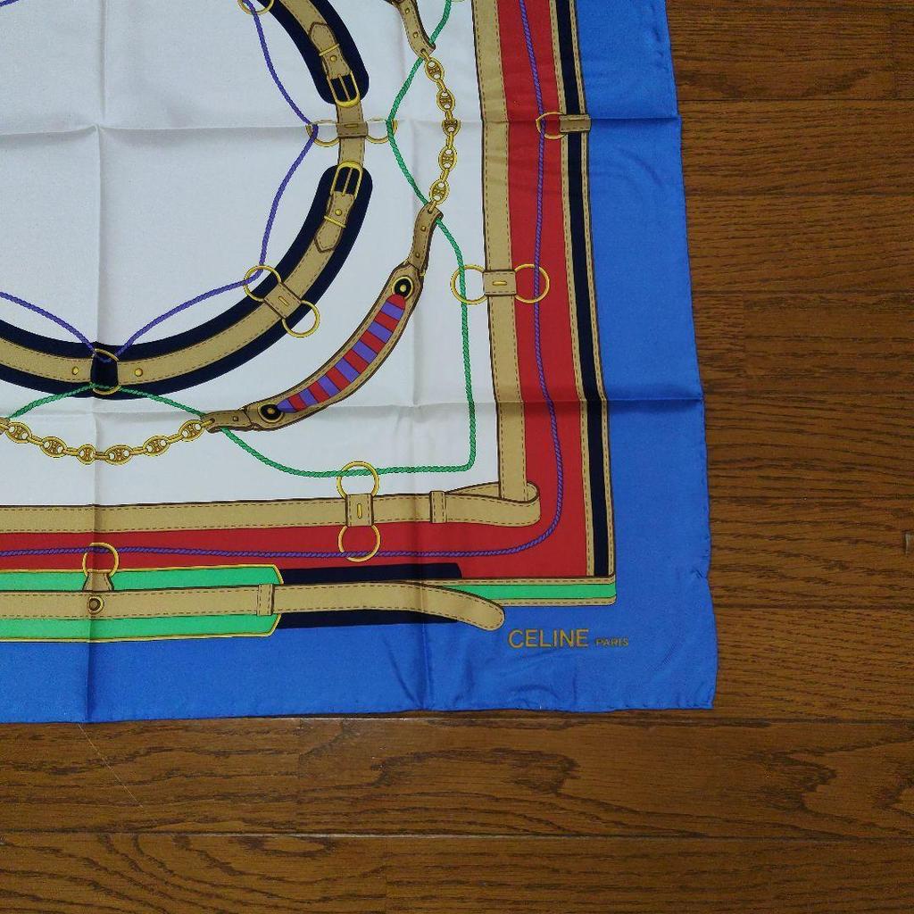 Used CELINE Scarf Bandana Belt Pattern Large Scarf Blue Red White