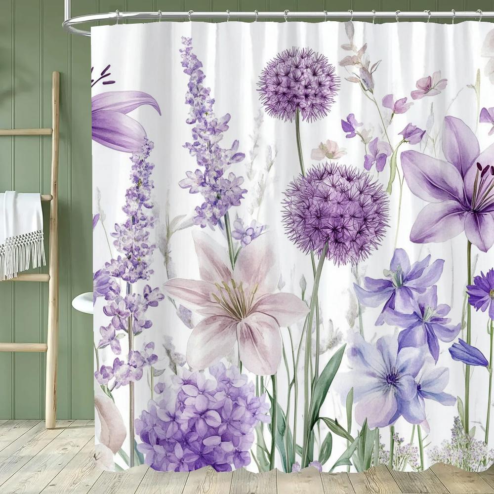 1PC Purple Flowers Shower Curtain,  Watercolor Floral and Plants Bathroom Decorative Curtain,Polyester Home Curtain with Hooks