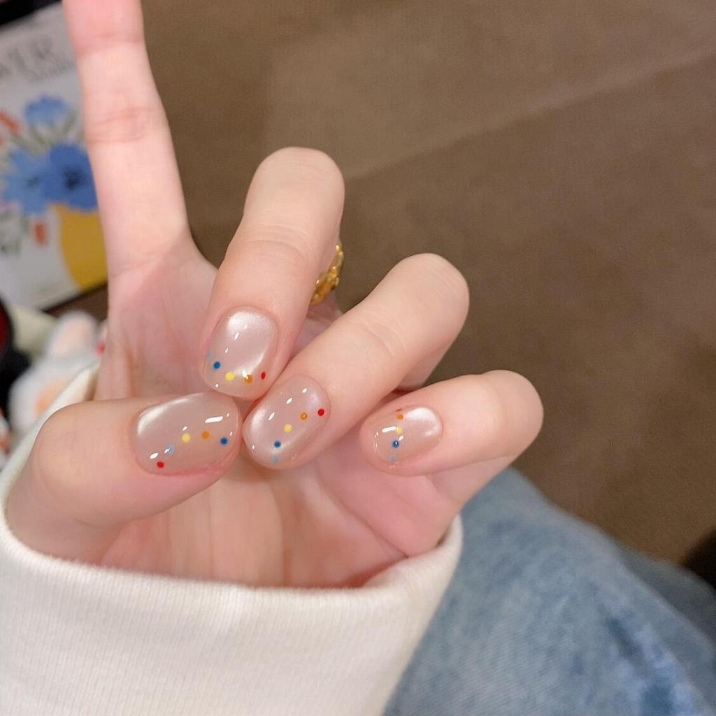 Rainbow Candy Polka Dots Cute Cat's Eye Handmade Nail Gentle White Short Nail Patch Fake Nails