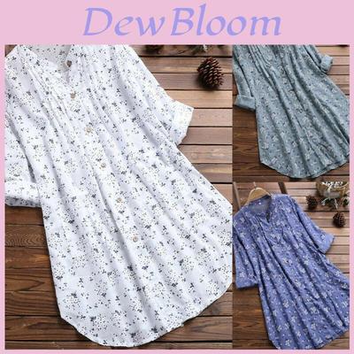 Elegant Women V-neck Long Sleeve Flower Print Linen Shirt Ladies Casual Loose Blouse Top