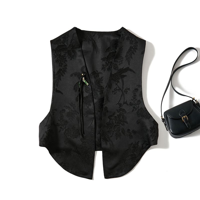 

Environmental-Friendly Craft Dyeing ~ Asymmetrical Dovetail Jacquard Cotton Vest Female Four Seasons Tassel Bandage Dress Outwear Lifting Elegant Black L