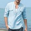 Men's Spring Summer Casual Cotton Linen Solid Color Long Sleeve Shirts Pocket Loose Stand Collar Shirts