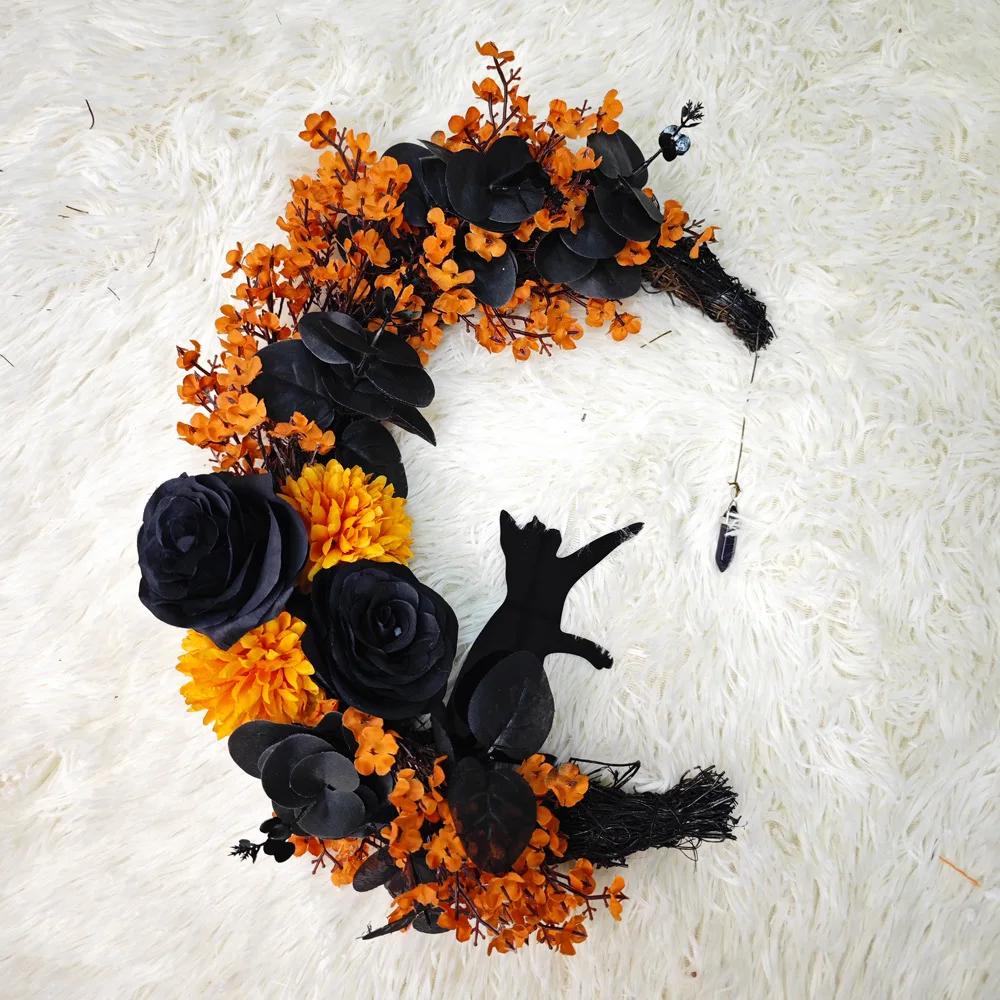 

New Halloween Moon Cat Flower Wreath Door Hanging Decorations Simulate Black Rose Rattan Circle Atmosphere Decorations Garland As shows