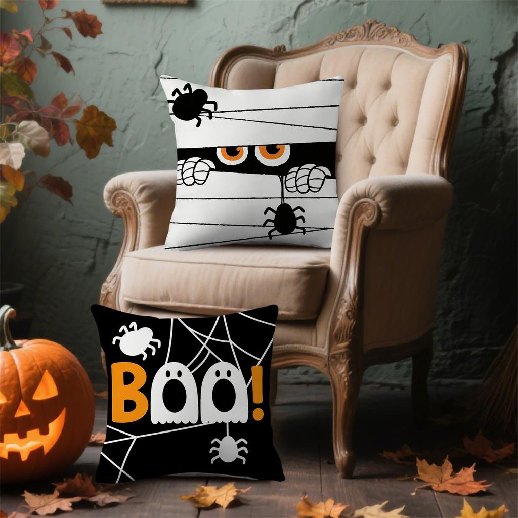 Black And White Spider Black Cat White Ghost Pumpkin Lantern Halloween Decoration Printed Cushion Cover Festive Home Decoration