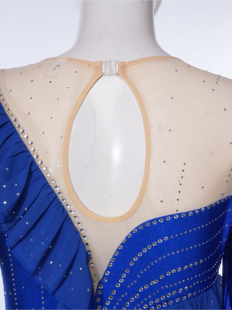Womens Figure Skating Leotard Dress Ruffled Trim Rhinestones Tiered Chiffon Hem Skirt