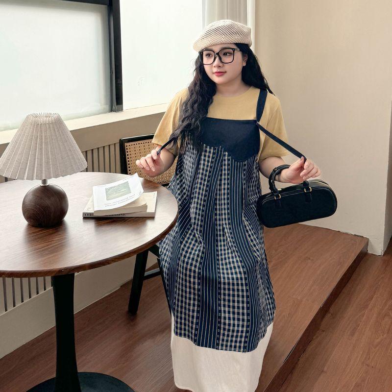 

Женская одежда больших размеров [Платье в клетку во французском стиле] Новинка ранней осени, преппи пэчворк, 100.00 кг, скрывающее фигуру, платье-сарафан Navy blue-Strb Skirt 8xl