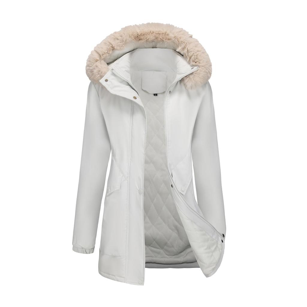 Women’s Parka Coats Faux Fur Hooded Fleece Lining Zipper Warm Cotton Jackets Mid-length Puff Outerwear Winter Clothes