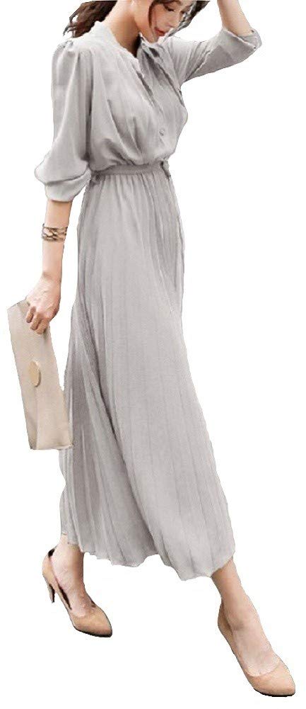 Royal Pine Shirt Long Pleated Belted Light Women's A-Line Dress, Sleeves, Chiffon, (XL, Gray)