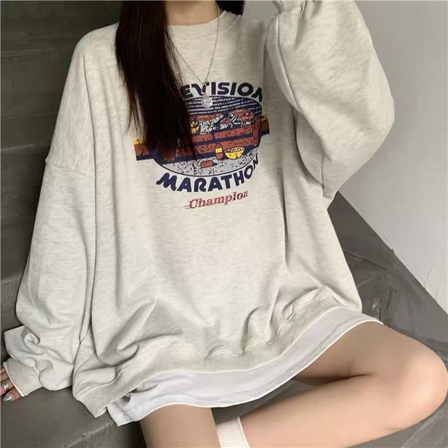 Women's Oversized Crew Neck Sweatshirt Autumn New Korean Style Casual Loose Outerwear