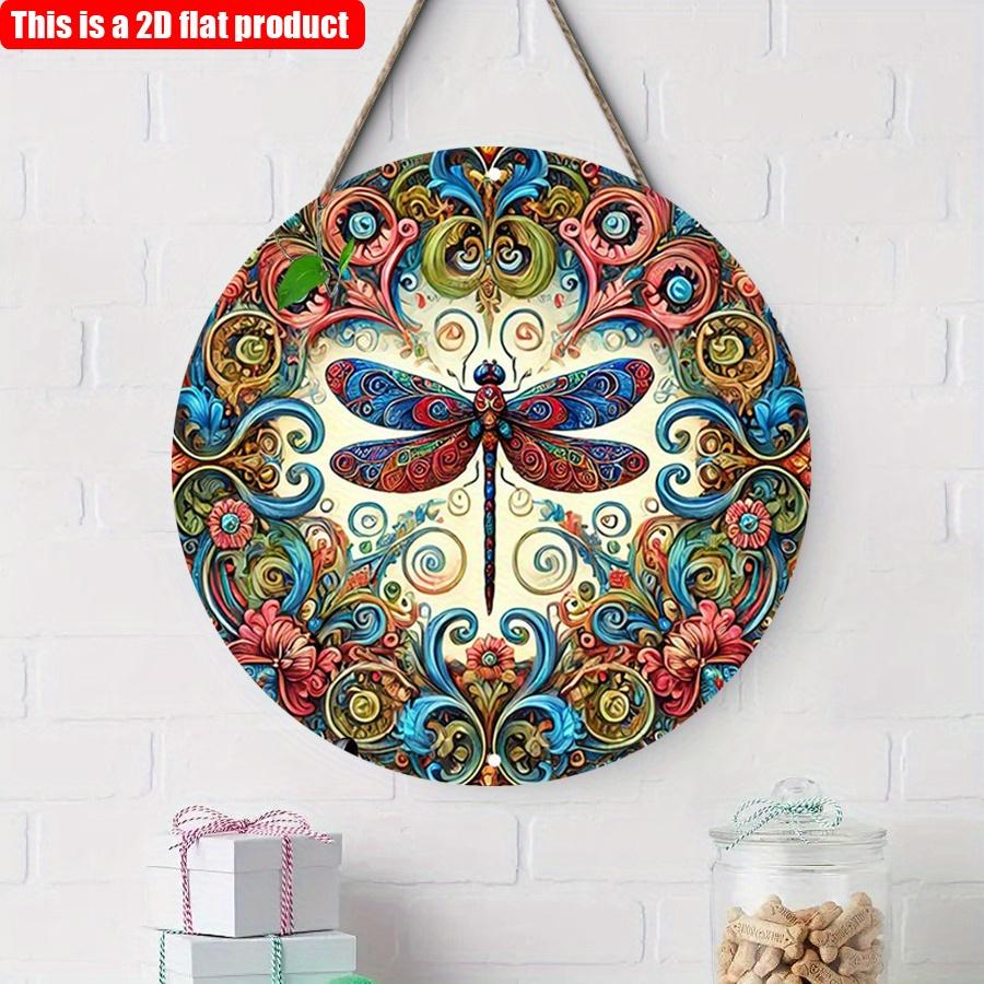 2D flat 20*20cm1pc Vibrant bright-coloured Dragonflies&Heart shape Flowers patterns Round Signage, Colorful Wall Art Decor for Bar Cafe Club Yard Home