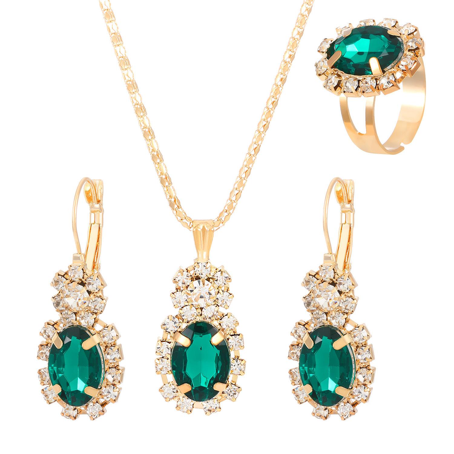 

Набор из 3 предметов: медное ожерелье с овальной огранкой из кубического циркония, серьги и кольца. Модный банкетный повседневный набор из циркония. Подарок для женщин, девушек, ее. зелёный