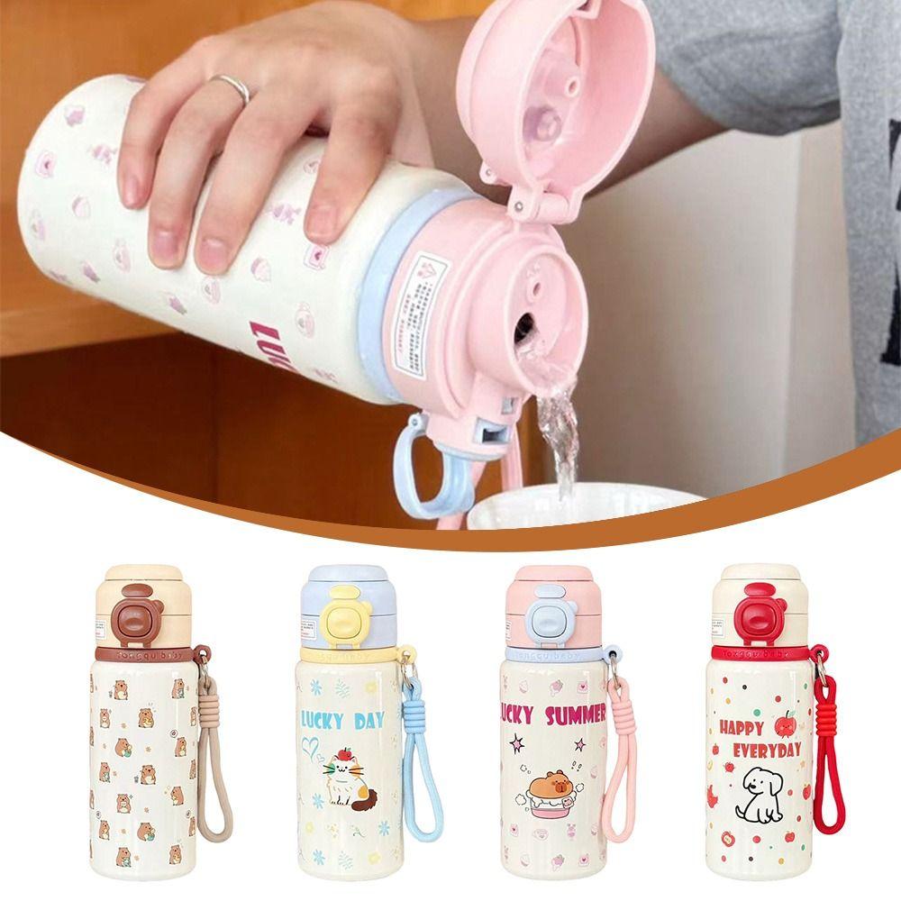 Fashion Stainless Steel Insulated Cup Cartoon Dustproof Student Drinking Cup 500ml with Lanyard Water Cup for Women Girls