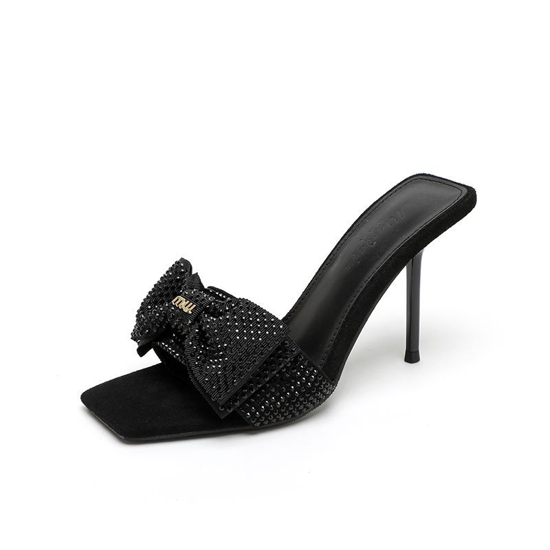 2025 Summer New Rhinestones with Black Sandals High Heels Stiletto Bow Fairy Wind Half Slippers Woman