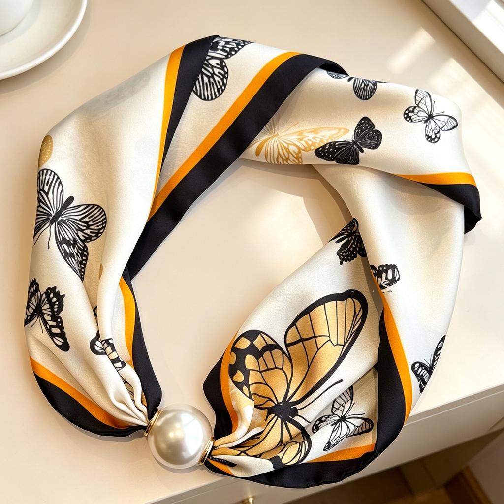 Premium magnetic buckle pearl silk scarf necklace retro flower small scarf Internet celebrities free small scarf