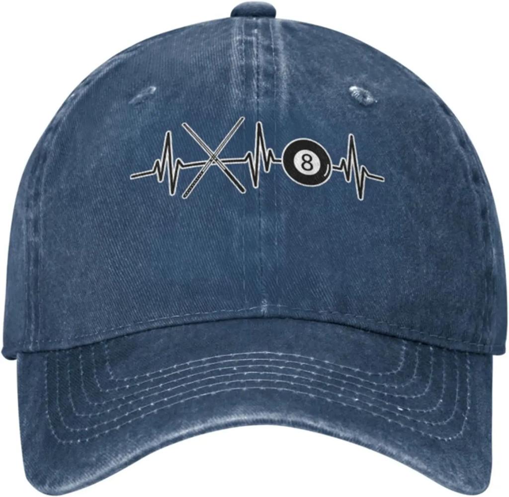 Womens Mens Adjustable Baseball Cap with Billiards Ball 8 Pool Cues Heartbeat Pattern Denim Fabric Snapback Hat