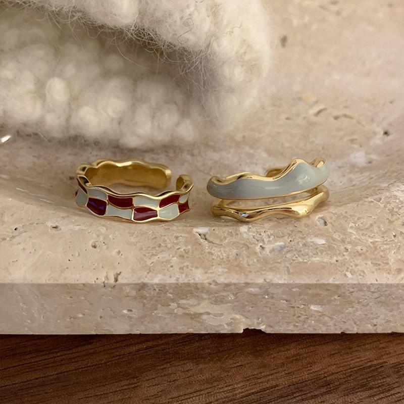 Copper Checkerboard Open Ring Women Geometric Jewelry Fashion Decoration Gifts