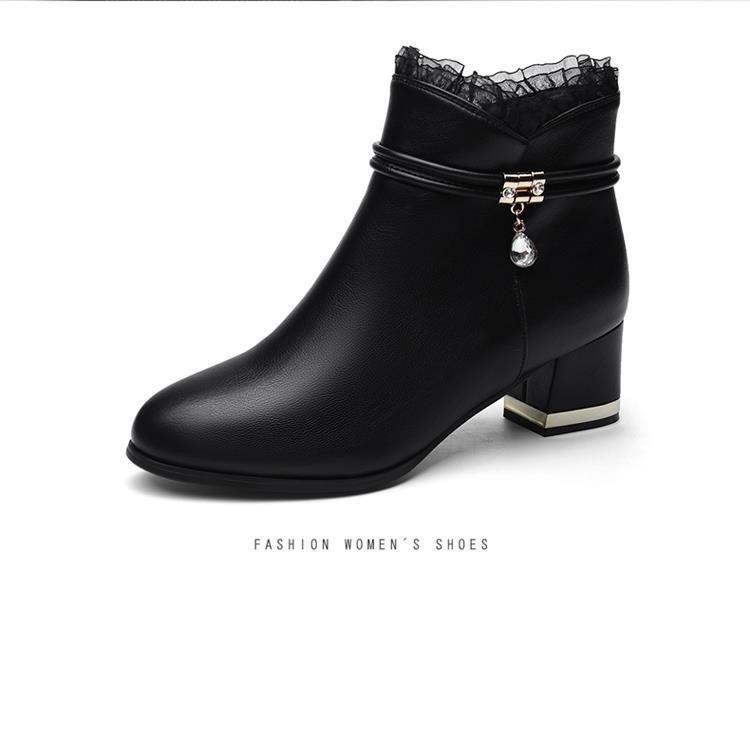 Chunky Heel 6CM Booties Solid Color Lace Splicing Women's Ankle Boots Large Size Warm Footwear Trend  Female Short Shoes