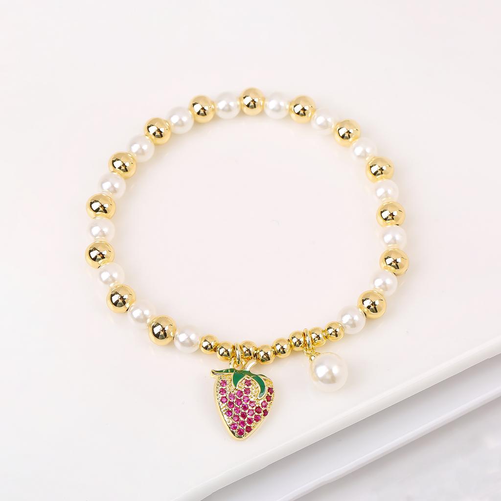 Nouveau Mode Cerise Fraise Cristal Zircone Pendentif Bracelet Élastique Luxe pour Femme Fille Perle Bijoux de Poignet Cadeau de Fête