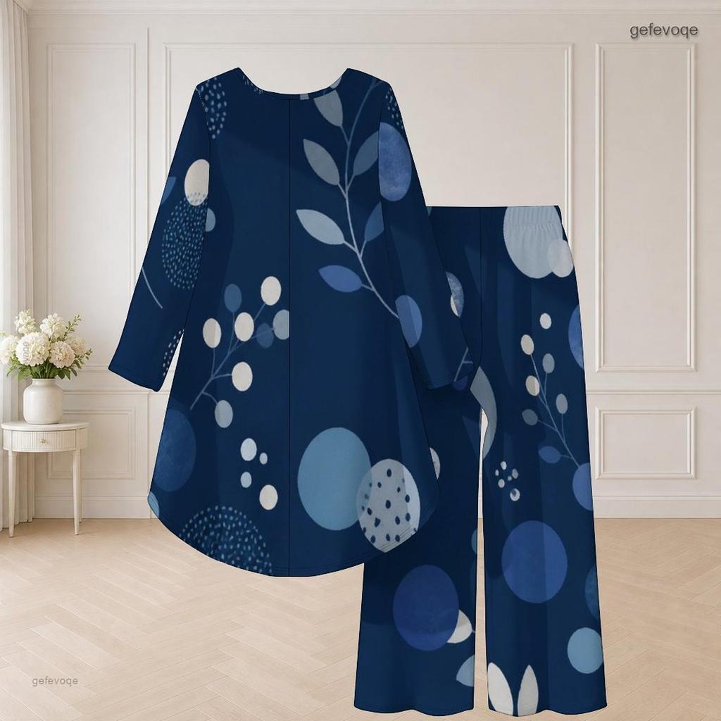 Plus Size Women Abstract Printed Two Piece Set Round Neck Long Sleeve High Low Top Wide Leg Pants