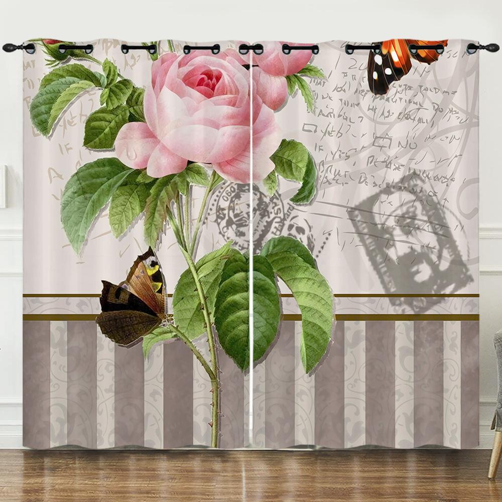Curtain Flower Rose Simple 3D Digital Printing Blackout Curtain Punching