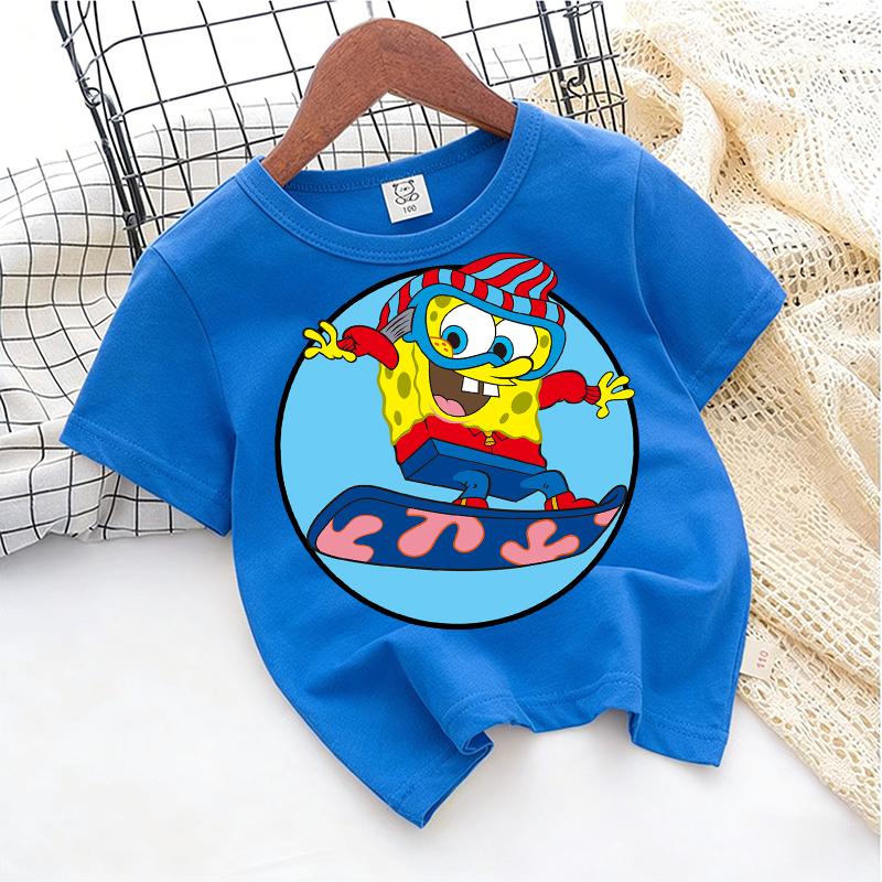 Cute SpongeBobs T-shirt Kids Anime Round Role Boys Girl Toddler Cotton Streetwear Tees Casual Short Sleeve Childern Clothes Tops
