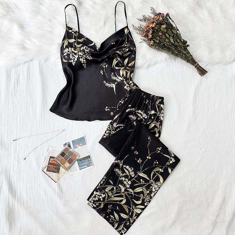 

Пижамный комплект из шелка Ice Silk с принтом в европейском и американском стиле с вишневым принтом: Сексуальный летний комплект из двух частей большого размера с подтяжками и брюками. S чёрный