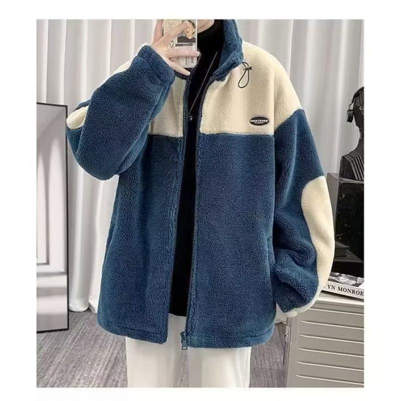 Men's Lambskin Jacket - Trendy Korean Style Winter Workwear, Loose, Plus Velvet, Thickened Top