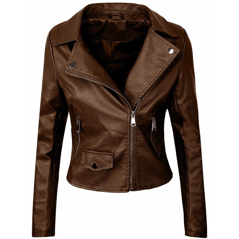 EU-Größe Schlanke Reißverschluss PU-Lederjacke für Damen - Einfarbige Herbst-/Winterkollektion