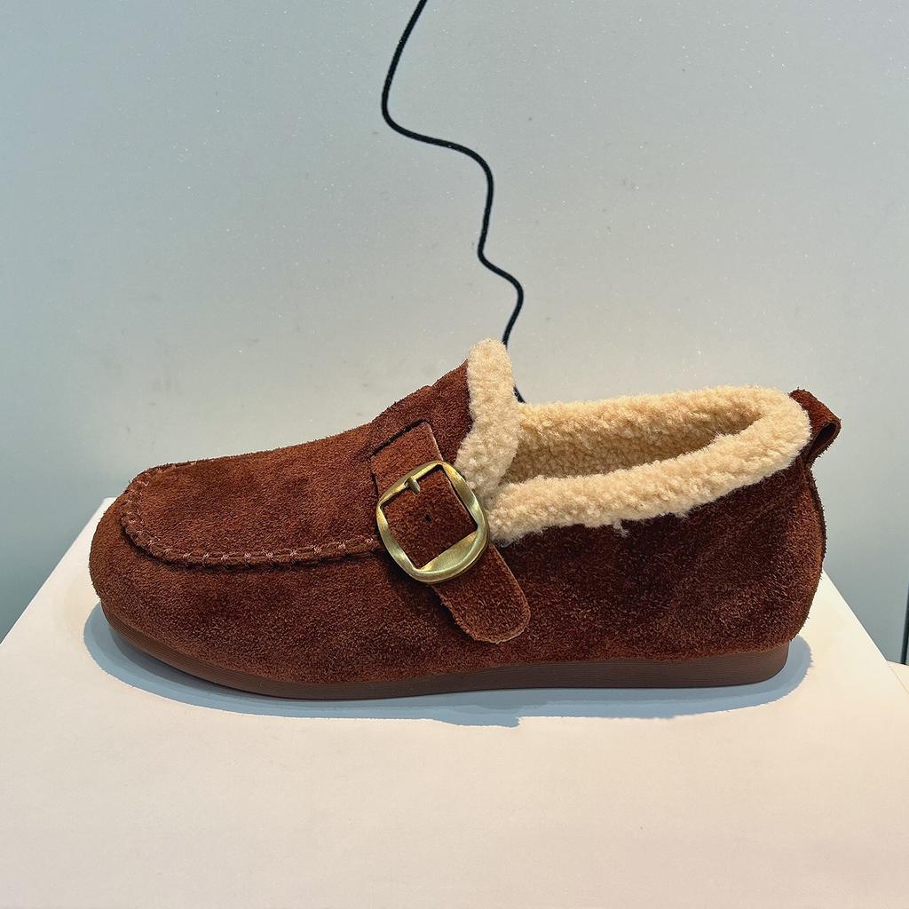 Leather velvet Birkenstocks women's 2025 autumn and winter new retro one-pedal lamb wool warm beans cotton shoes outside
