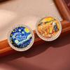 1Pcs Rhinestone Round Lapel Pin Famous Painting Brooches For Women The Starry Night And Farmer In Wheat Field Party Brooch Badge
