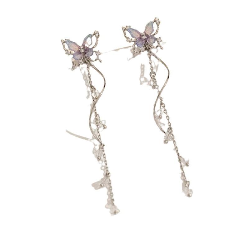 Luxury Niche Super Fairy Temperament Long Tassel Butterfly Earrings Women's Versatile High-end Zircon Earrings