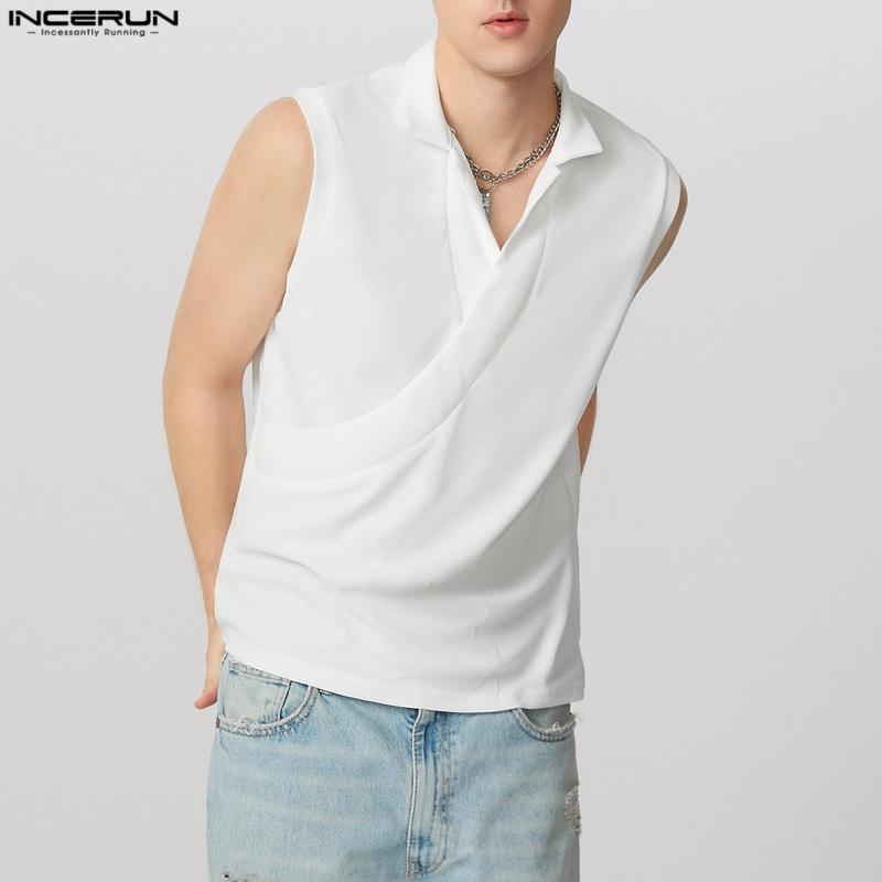 INCERUN Men Lapel V Neck Sleeveless Casual Front Cross Texture Tank Tops