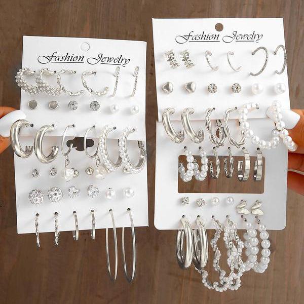 60 Stück/Set Modische Ohrringe Für Damen Boho Vintage Silberfarbe Geometrisches Design Perle Strass Steckerohrringe Schmuck Geschenke Neu