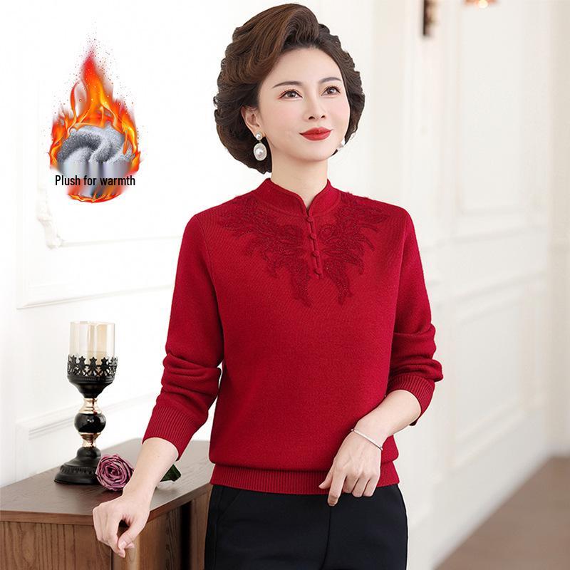 Mom's 2025 Autumn Chinese Style Sweater for Middle-Aged Women, Warm Velvet Knit, Age-Reducing for Winter/Autumn