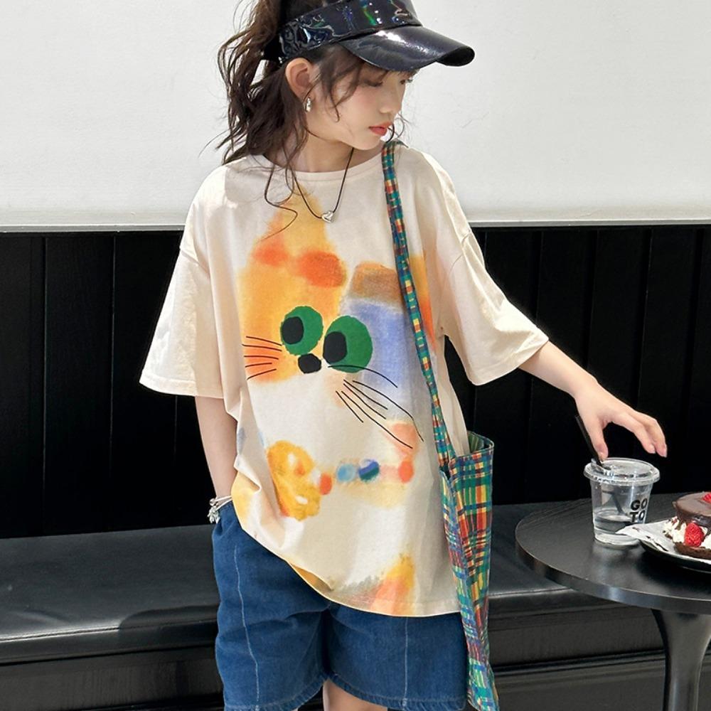 Girls' Short Sleeve T-shirt Summer 2,025 New Big Children's Summer Style Westernized Cartoon Top Children's Korean Fashionable S